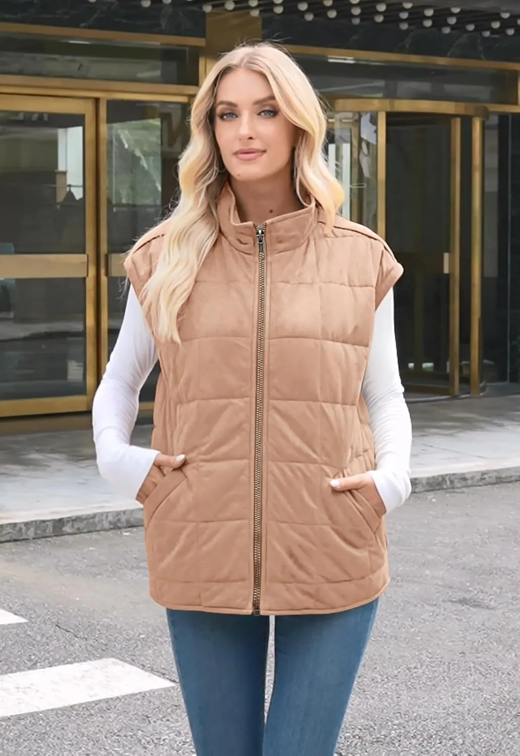 ETCYY Womens Oversized Vest Trendy Fall 2025 Sleeveless Lightweight Quilted Jacket Casual Winter Zip Up Coat Outwear
