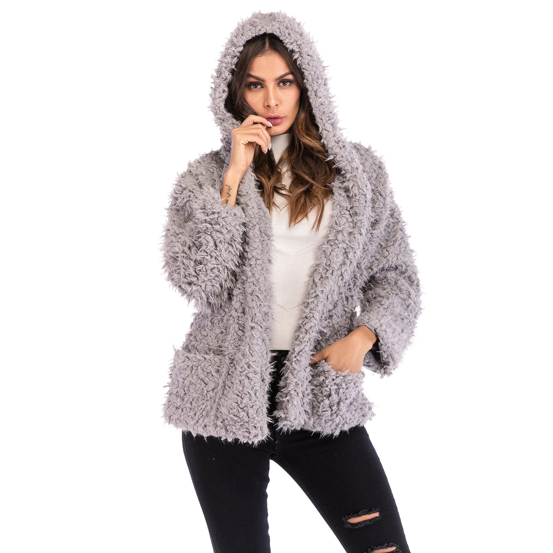 Europe Hooded Women Trendy Long Sleeved Loose Thick Warm Coat Outerwear