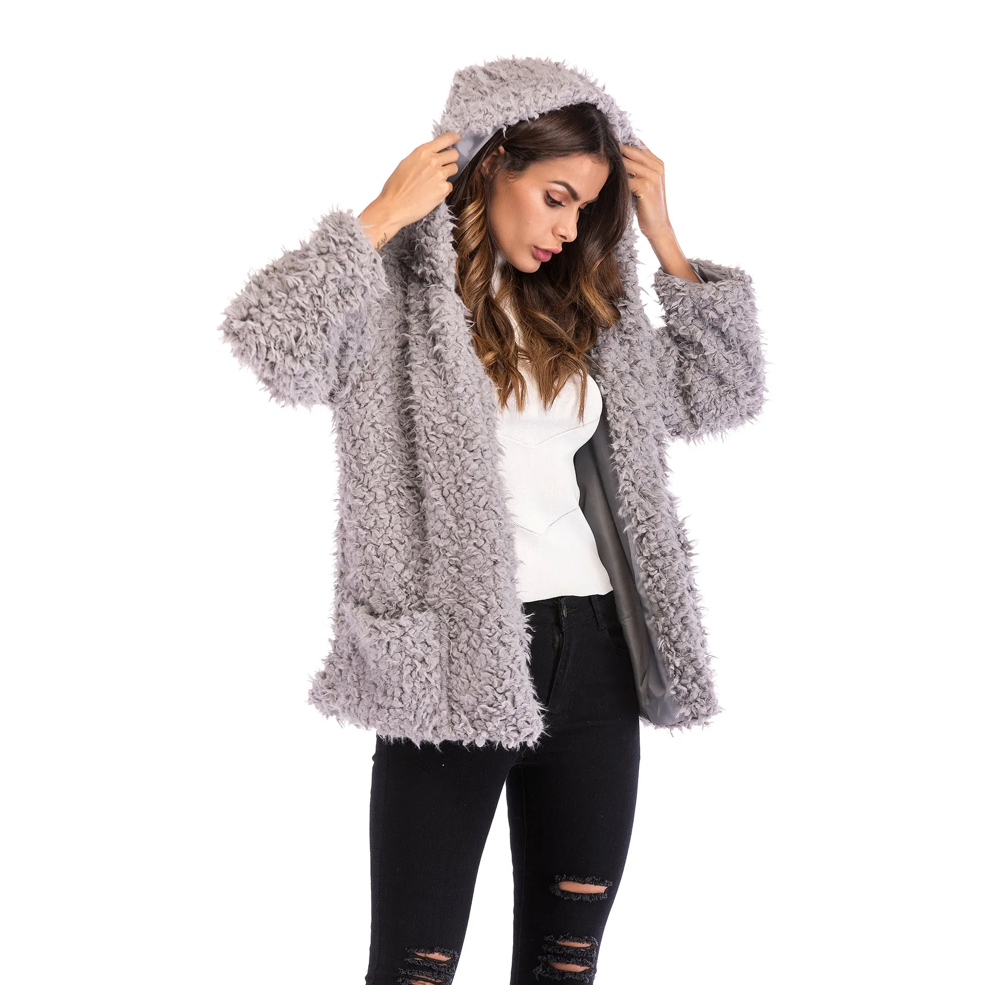 Europe Hooded Women Trendy Long Sleeved Loose Thick Warm Coat Outerwear