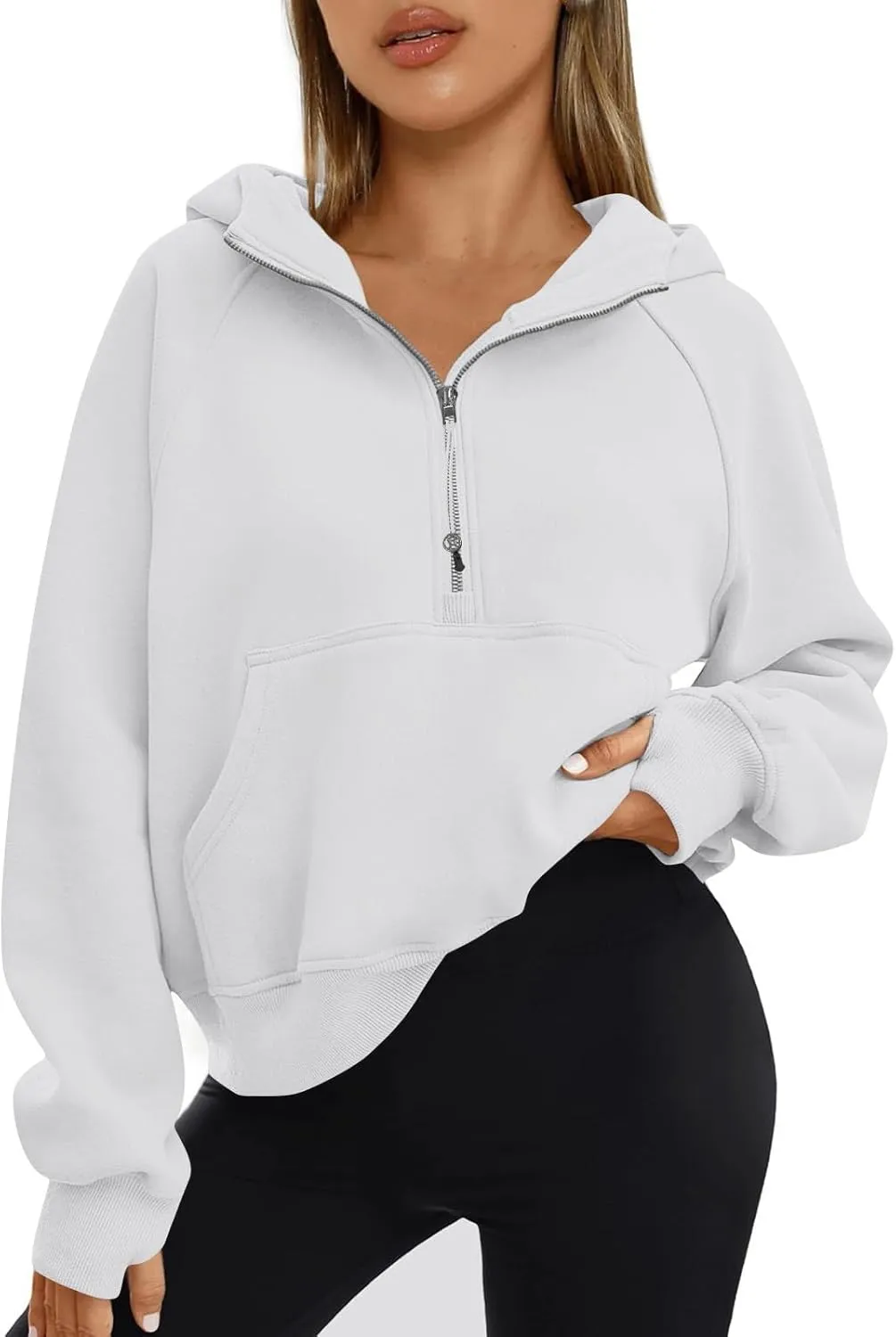 fanmpghleoo Oversized Hoodies for Women Half Zip Mock Neck Fleece Hooded Sweatshirt Loose Fit Thumb Hole Pullover Hoodie
