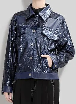 Faux-Leather Sequin Jacket, Black or Blue