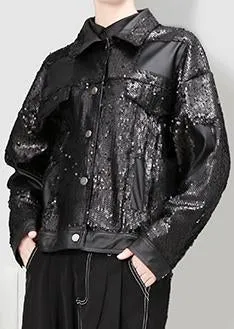 Faux-Leather Sequin Jacket, Black or Blue