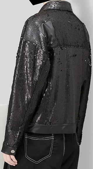 Faux-Leather Sequin Jacket, Black or Blue