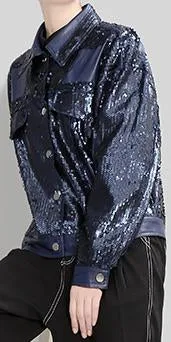 Faux-Leather Sequin Jacket, Black or Blue
