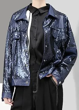 Faux-Leather Sequin Jacket, Black or Blue