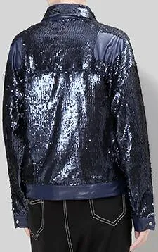 Faux-Leather Sequin Jacket, Black or Blue