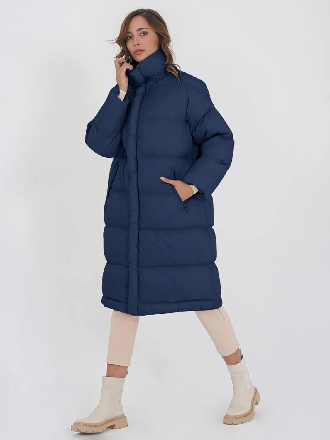 Fazortev Women's Long Puffer Jacket Stand Collar Zip Baggy Down Coats with Side Pockets Outwear