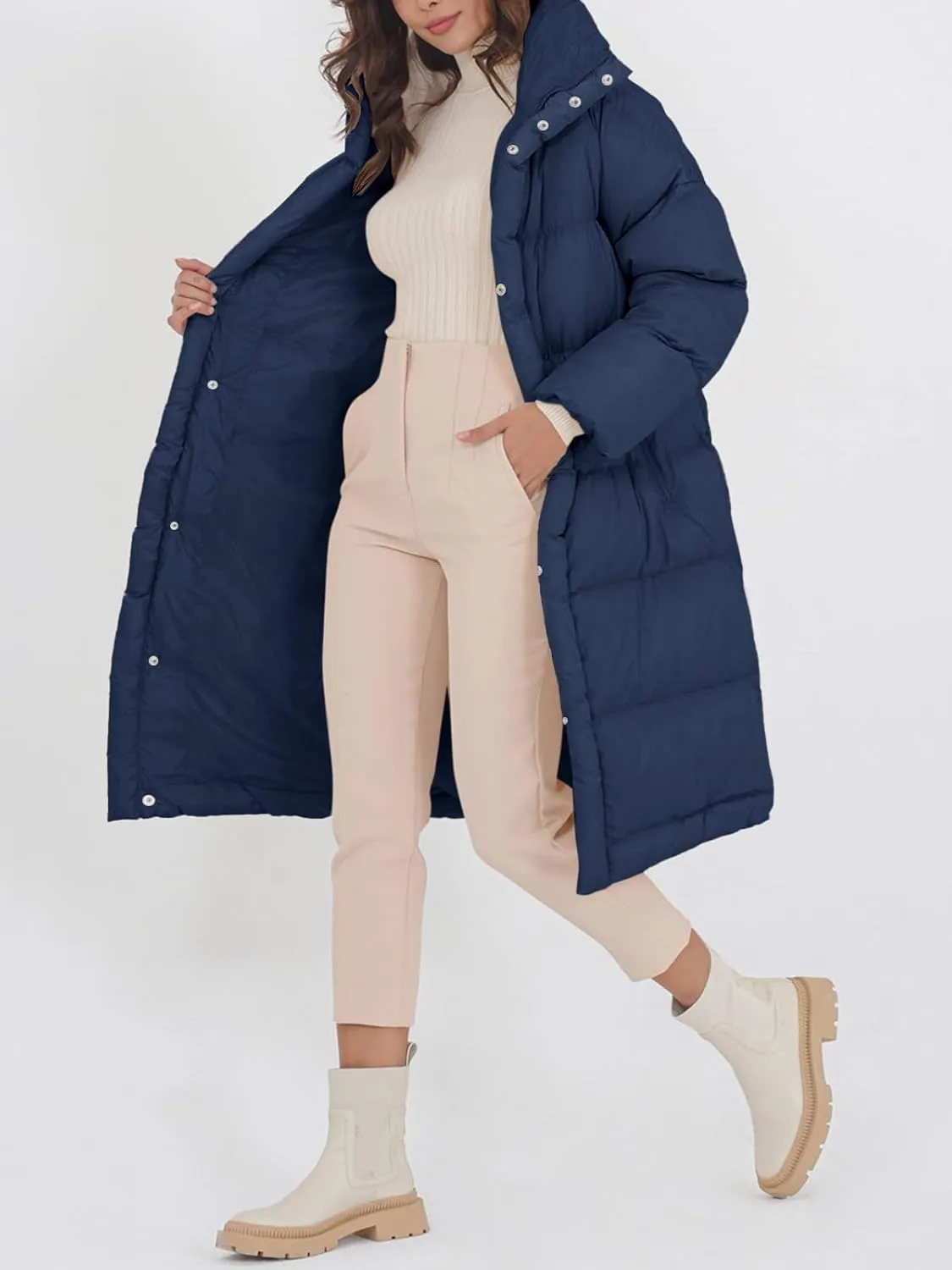 Fazortev Women's Long Puffer Jacket Stand Collar Zip Baggy Down Coats with Side Pockets Outwear