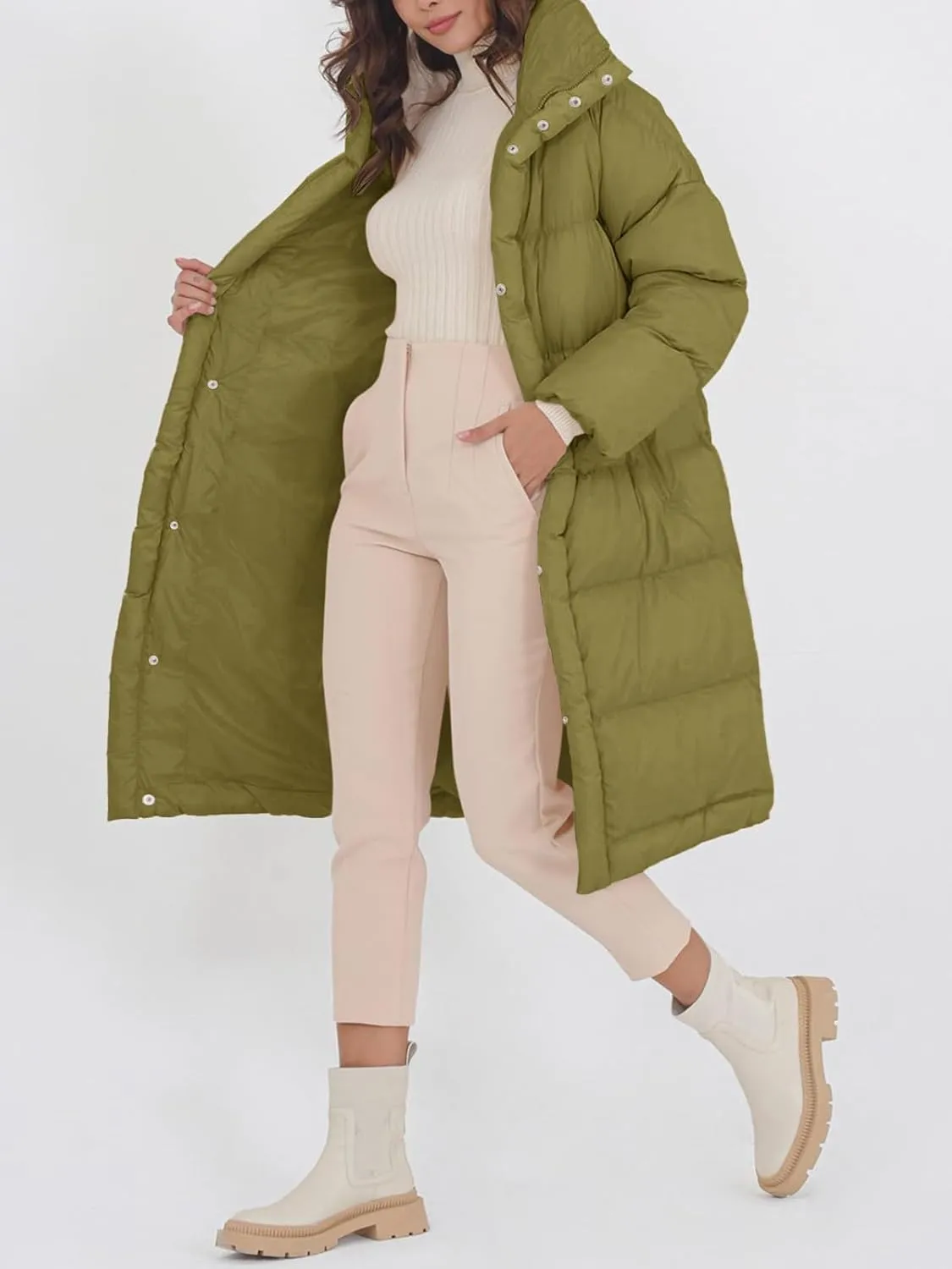 Fazortev Women's Long Puffer Jacket Stand Collar Zip Baggy Down Coats with Side Pockets Outwear