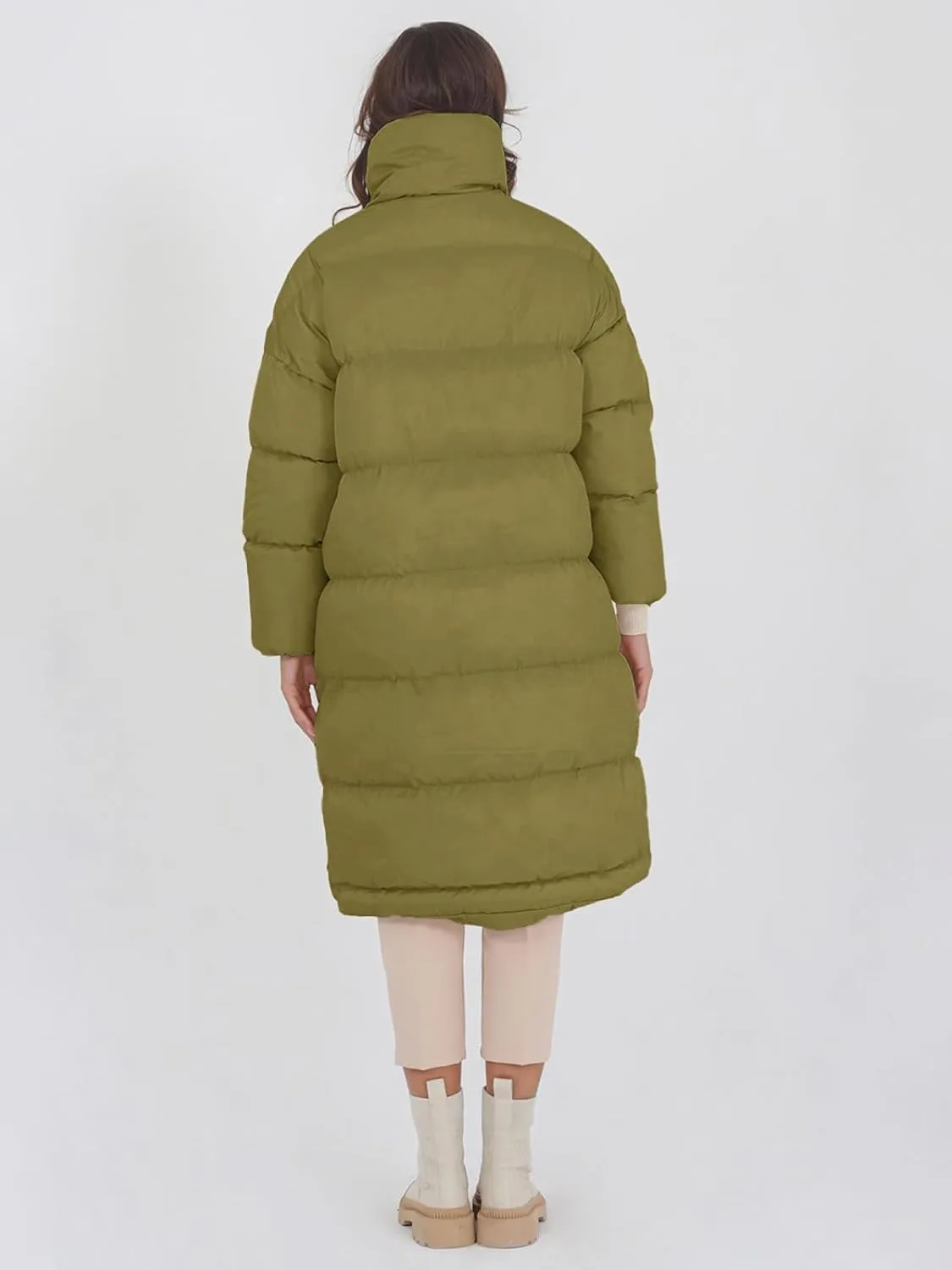 Fazortev Women's Long Puffer Jacket Stand Collar Zip Baggy Down Coats with Side Pockets Outwear
