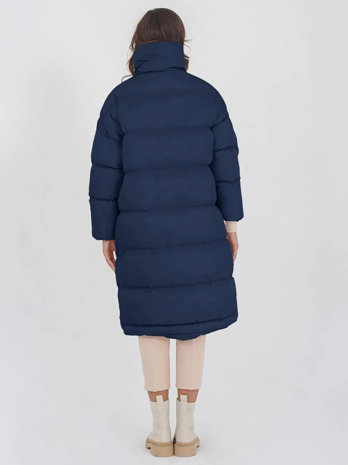 Fazortev Women's Long Puffer Jacket Stand Collar Zip Baggy Down Coats with Side Pockets Outwear