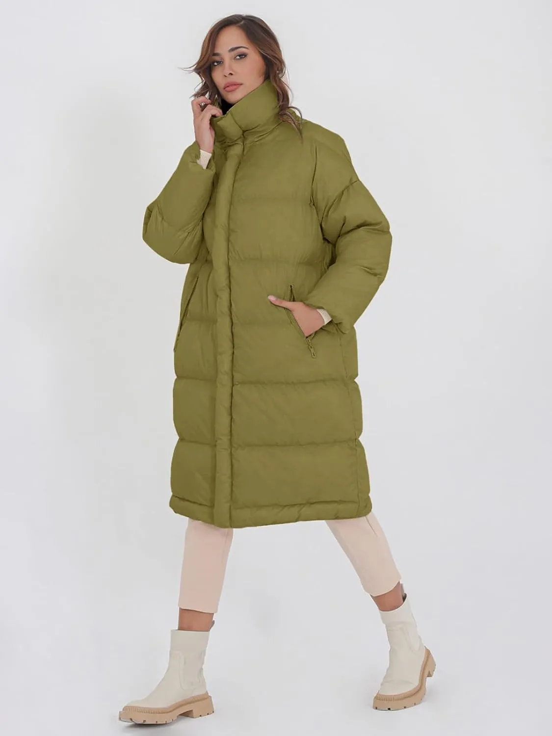 Fazortev Women's Long Puffer Jacket Stand Collar Zip Baggy Down Coats with Side Pockets Outwear
