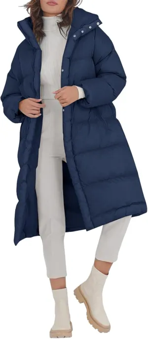 Fazortev Women's Long Puffer Jacket Stand Collar Zip Baggy Down Coats with Side Pockets Outwear