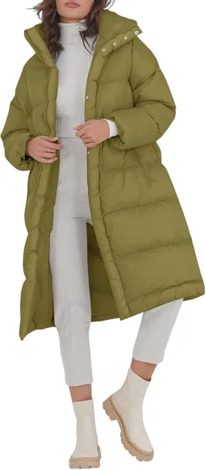 Fazortev Women's Long Puffer Jacket Stand Collar Zip Baggy Down Coats with Side Pockets Outwear