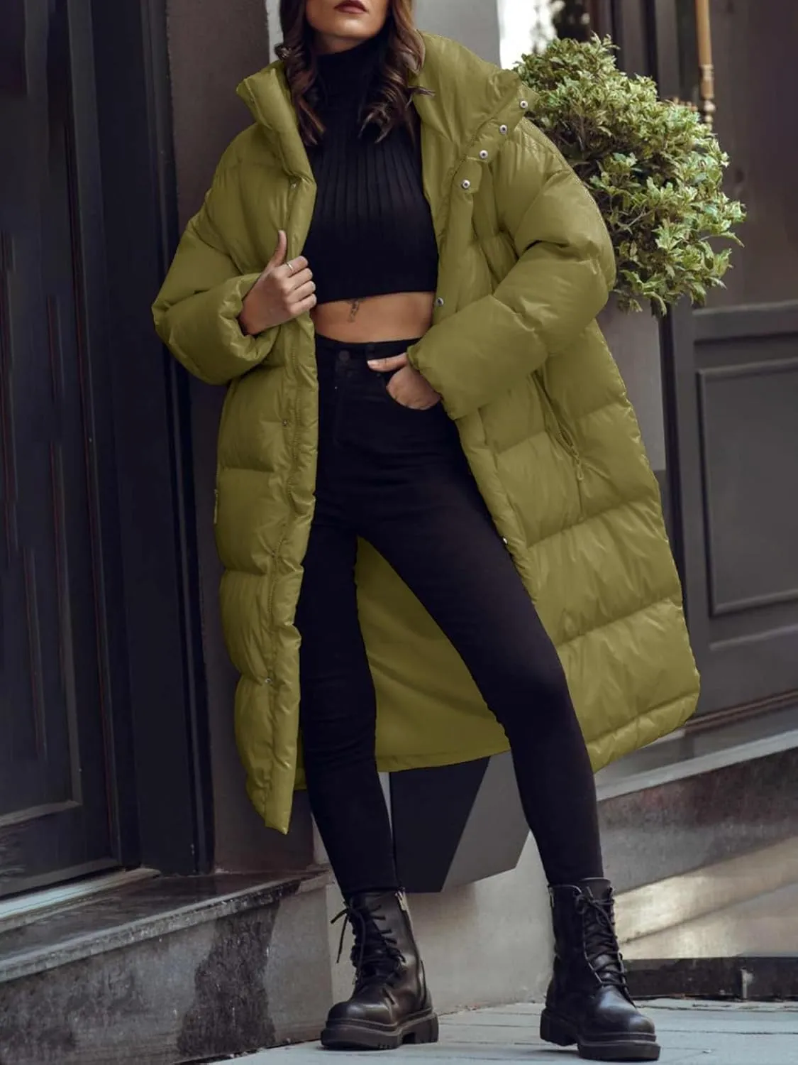 Fazortev Women's Long Puffer Jacket Stand Collar Zip Baggy Down Coats with Side Pockets Outwear