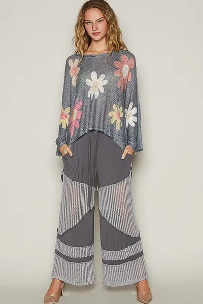 Flower Dropped Shoulder Long Sleeve Knit Top