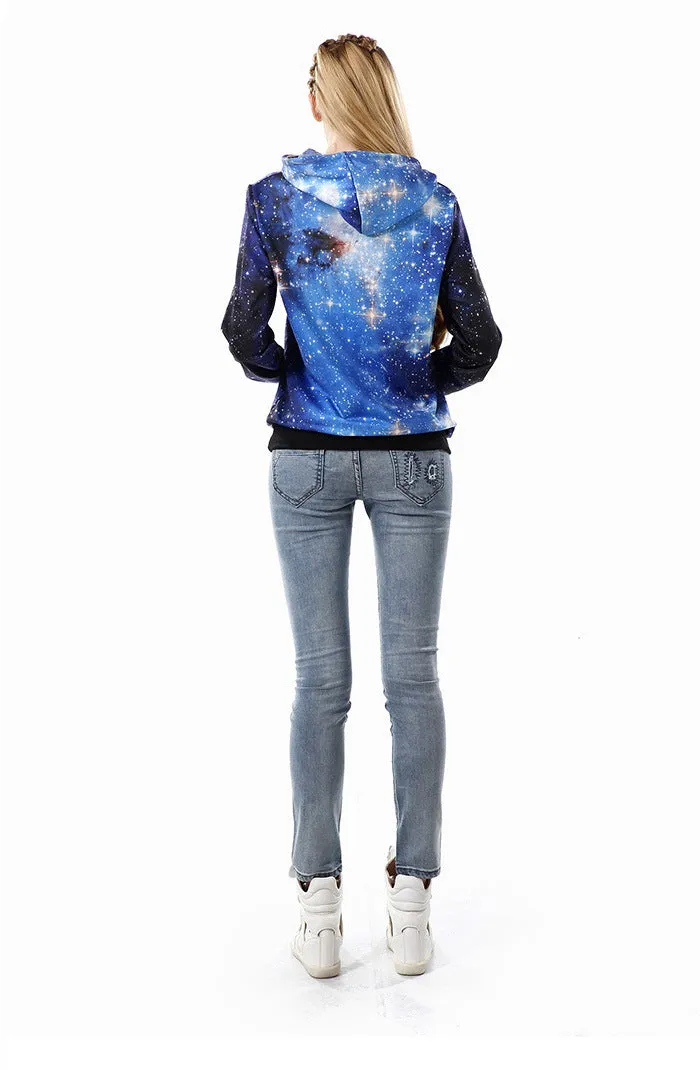 Galaxy Stars Print Drawstring Pocket Slim Hoodie