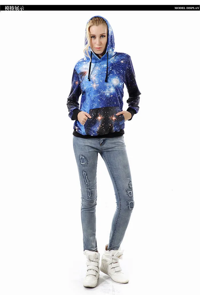 Galaxy Stars Print Drawstring Pocket Slim Hoodie