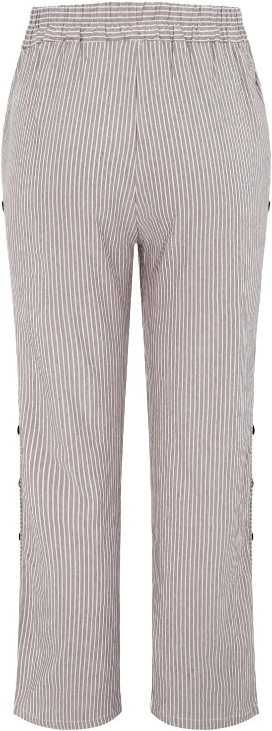 GIERIDUC Striped Linen Pants Women Cropped Side Button Trim Elastic Waist Capris Lightweight Summer Beach Trouser with Pocket