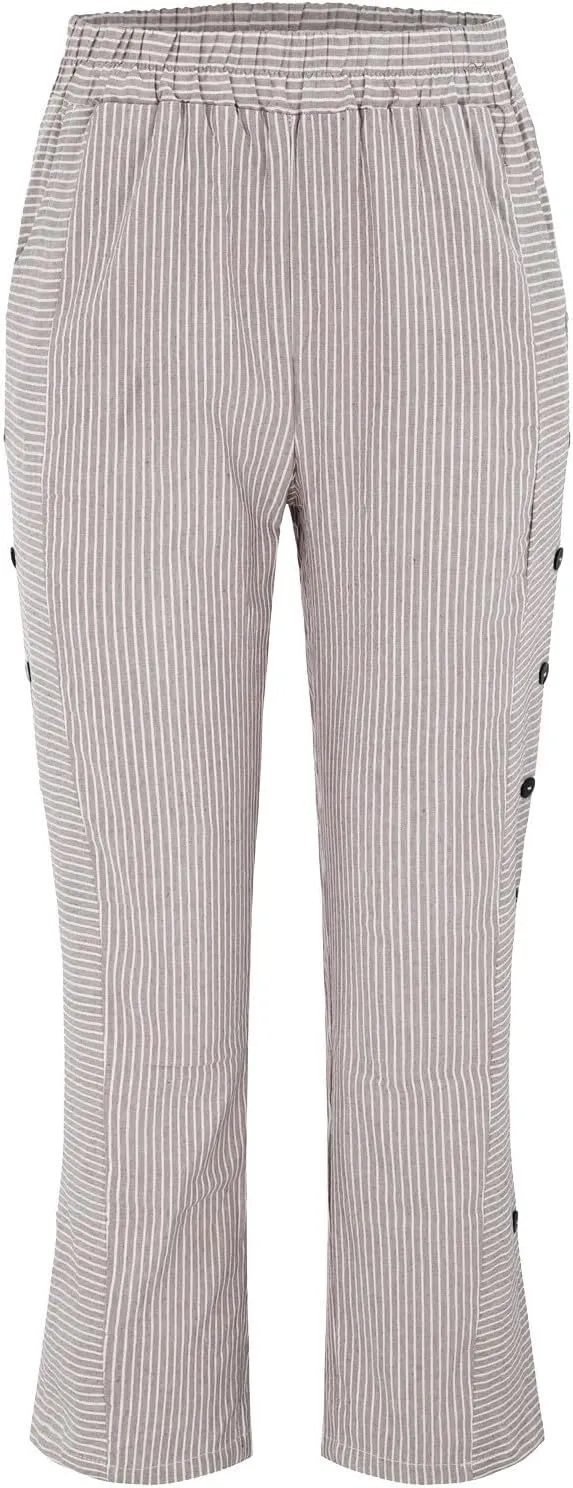 GIERIDUC Striped Linen Pants Women Cropped Side Button Trim Elastic Waist Capris Lightweight Summer Beach Trouser with Pocket