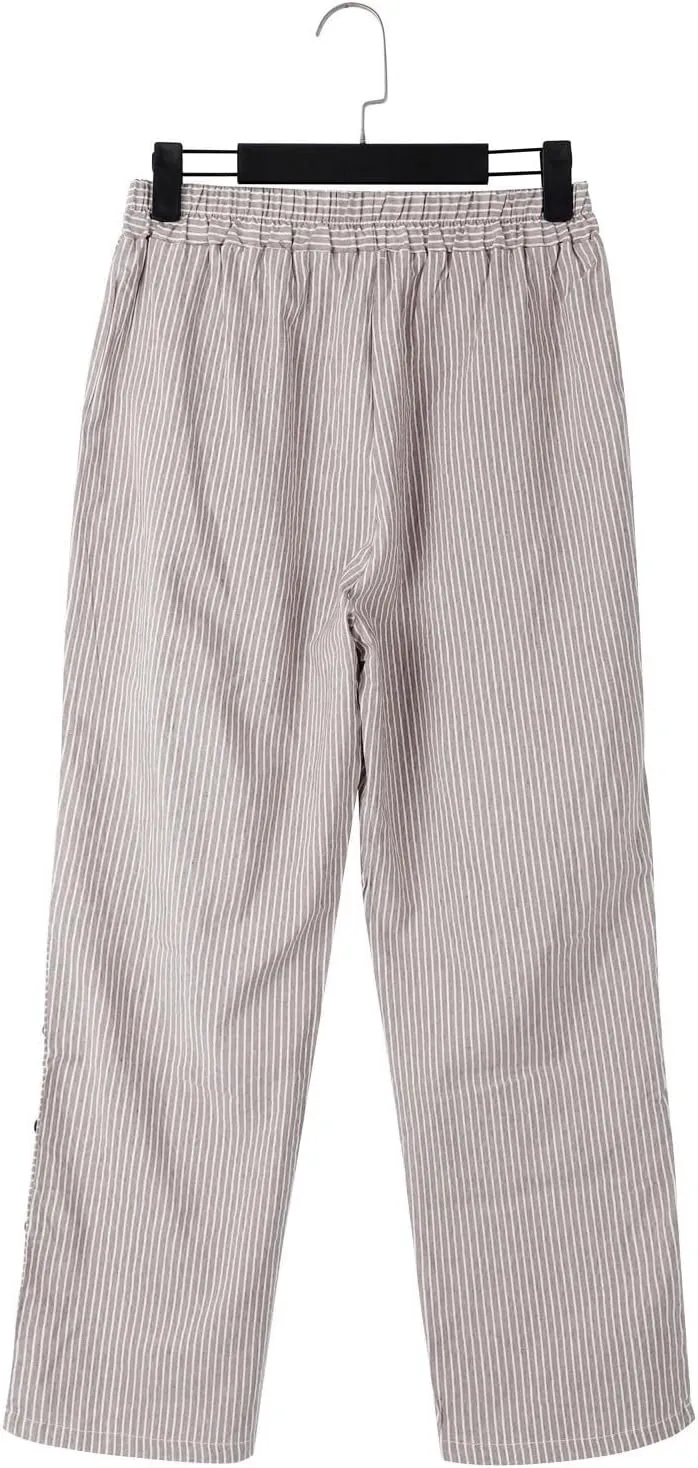 GIERIDUC Striped Linen Pants Women Cropped Side Button Trim Elastic Waist Capris Lightweight Summer Beach Trouser with Pocket