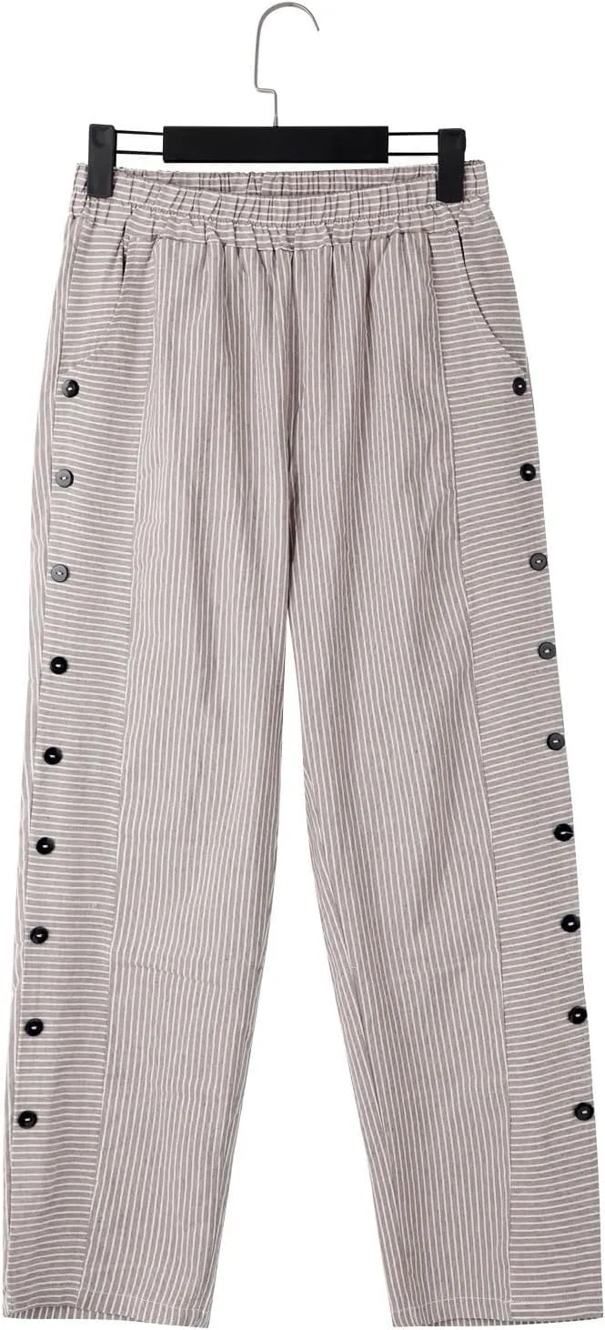 GIERIDUC Striped Linen Pants Women Cropped Side Button Trim Elastic Waist Capris Lightweight Summer Beach Trouser with Pocket