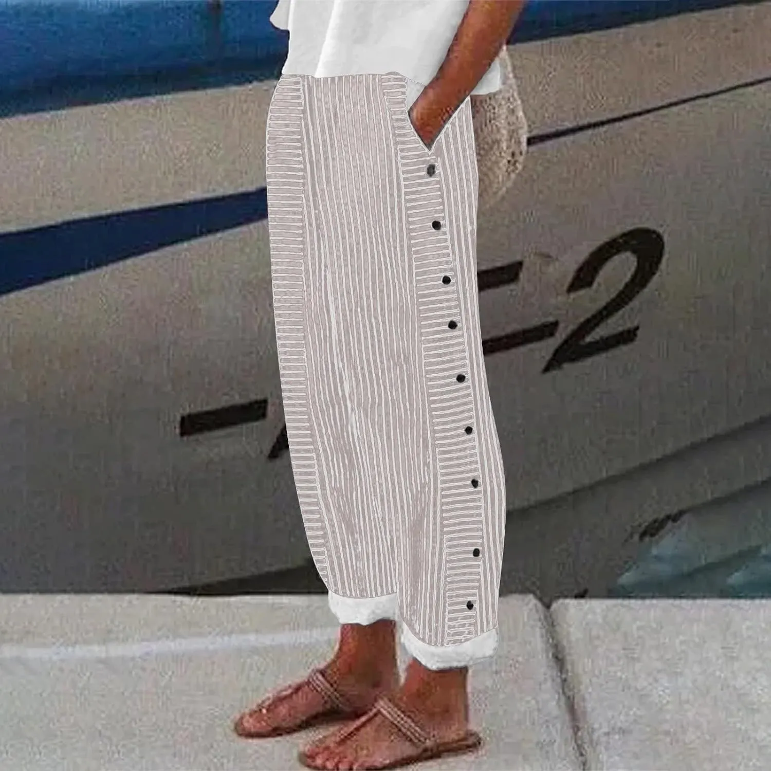 GIERIDUC Striped Linen Pants Women Cropped Side Button Trim Elastic Waist Capris Lightweight Summer Beach Trouser with Pocket