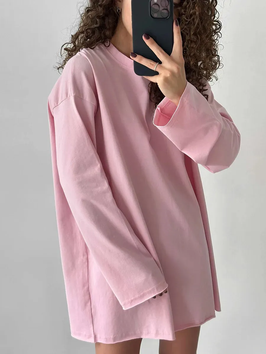 Girlary Classic Cotton T-shirt 2024 Spring New Women's Loose Casual Versatile Solid Color OverSize O-Neck Long Sleeved Bottom T-shirt