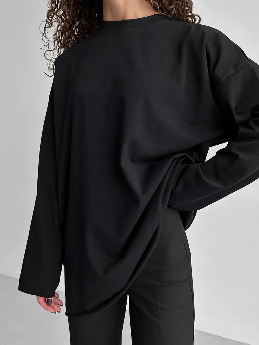 Girlary Classic Cotton T-shirt 2024 Spring New Women's Loose Casual Versatile Solid Color OverSize O-Neck Long Sleeved Bottom T-shirt
