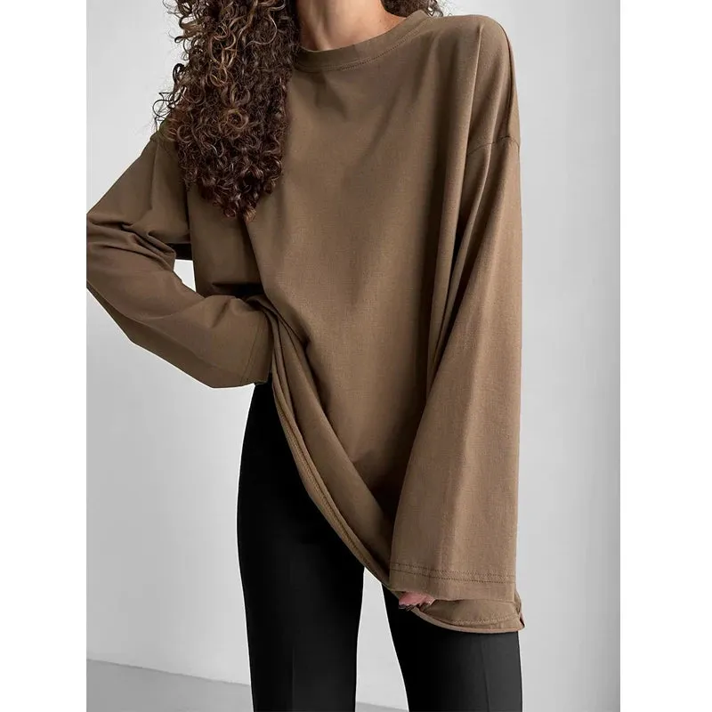 Girlary Classic Cotton T-shirt 2024 Spring New Women's Loose Casual Versatile Solid Color OverSize O-Neck Long Sleeved Bottom T-shirt