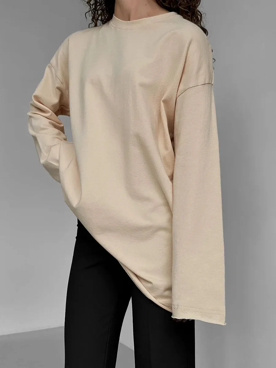 Girlary Classic Cotton T-shirt 2024 Spring New Women's Loose Casual Versatile Solid Color OverSize O-Neck Long Sleeved Bottom T-shirt