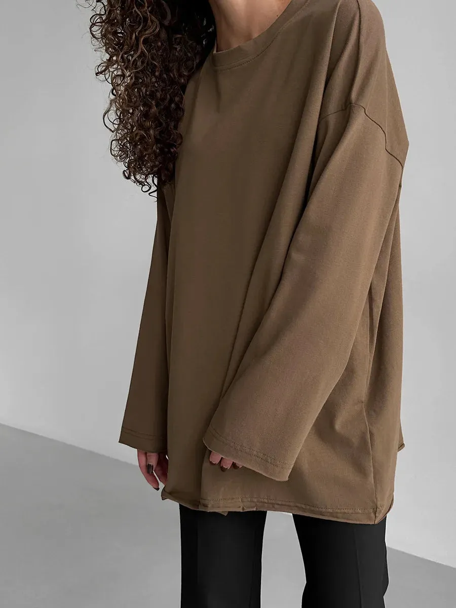 Girlary Classic Cotton T-shirt 2024 Spring New Women's Loose Casual Versatile Solid Color OverSize O-Neck Long Sleeved Bottom T-shirt