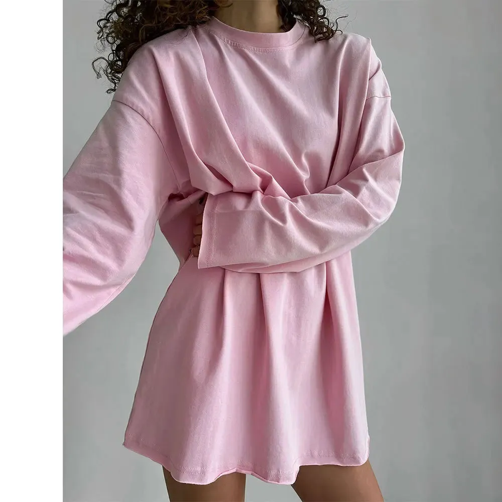 Girlary Classic Cotton T-shirt 2024 Spring New Women's Loose Casual Versatile Solid Color OverSize O-Neck Long Sleeved Bottom T-shirt