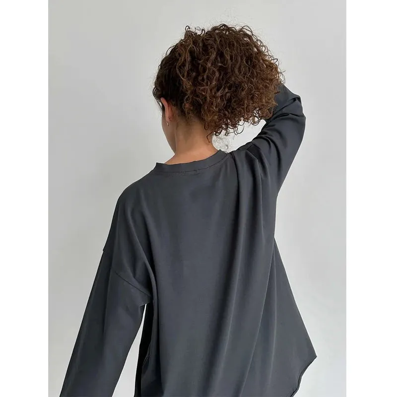Girlary Classic Cotton T-shirt 2024 Spring New Women's Loose Casual Versatile Solid Color OverSize O-Neck Long Sleeved Bottom T-shirt
