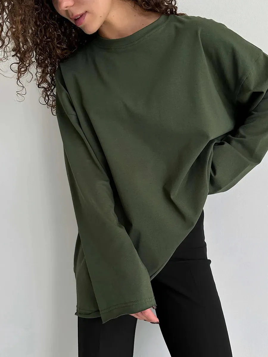 Girlary Classic Cotton T-shirt 2024 Spring New Women's Loose Casual Versatile Solid Color OverSize O-Neck Long Sleeved Bottom T-shirt