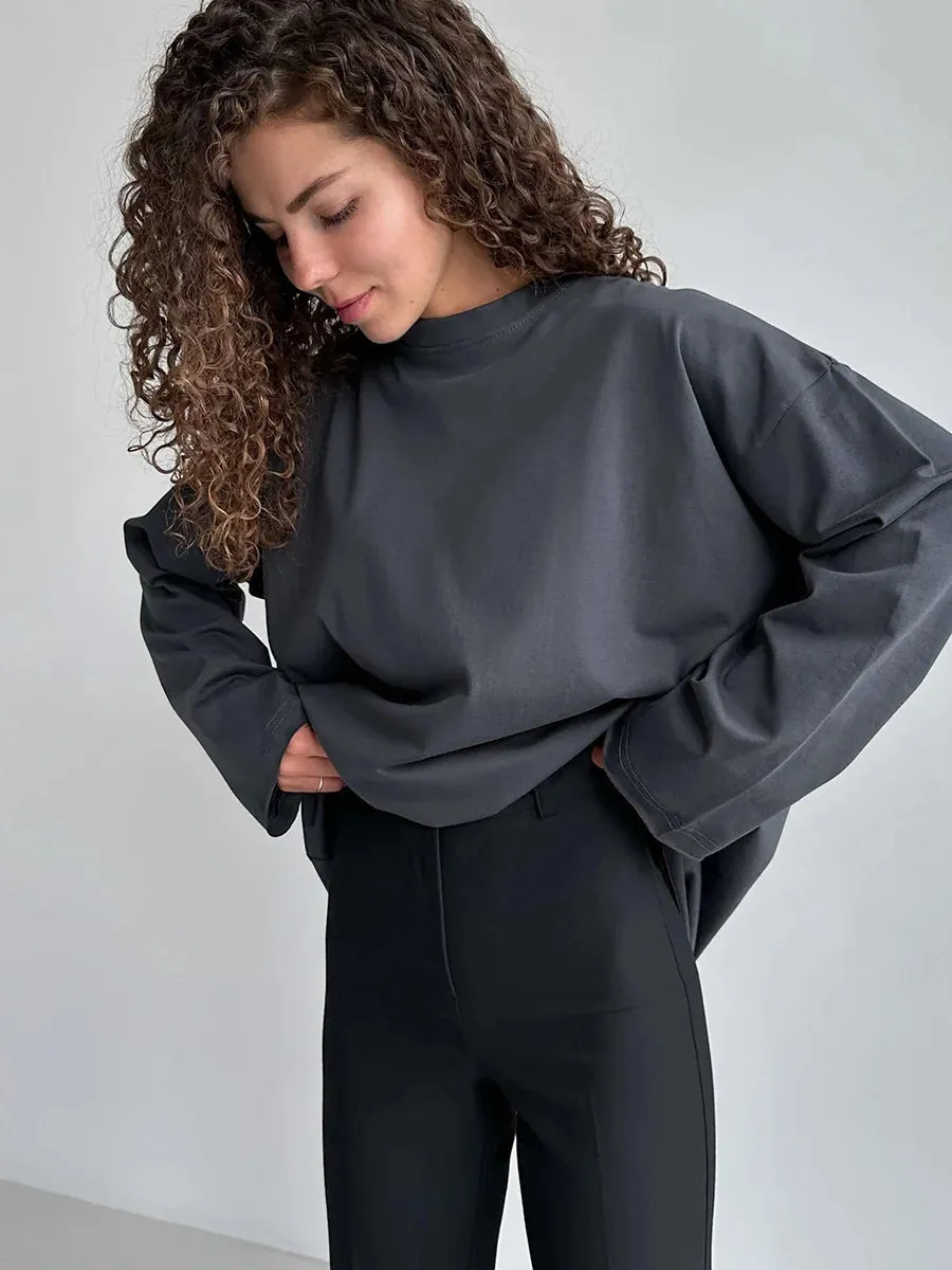 Girlary Classic Cotton T-shirt 2024 Spring New Women's Loose Casual Versatile Solid Color OverSize O-Neck Long Sleeved Bottom T-shirt