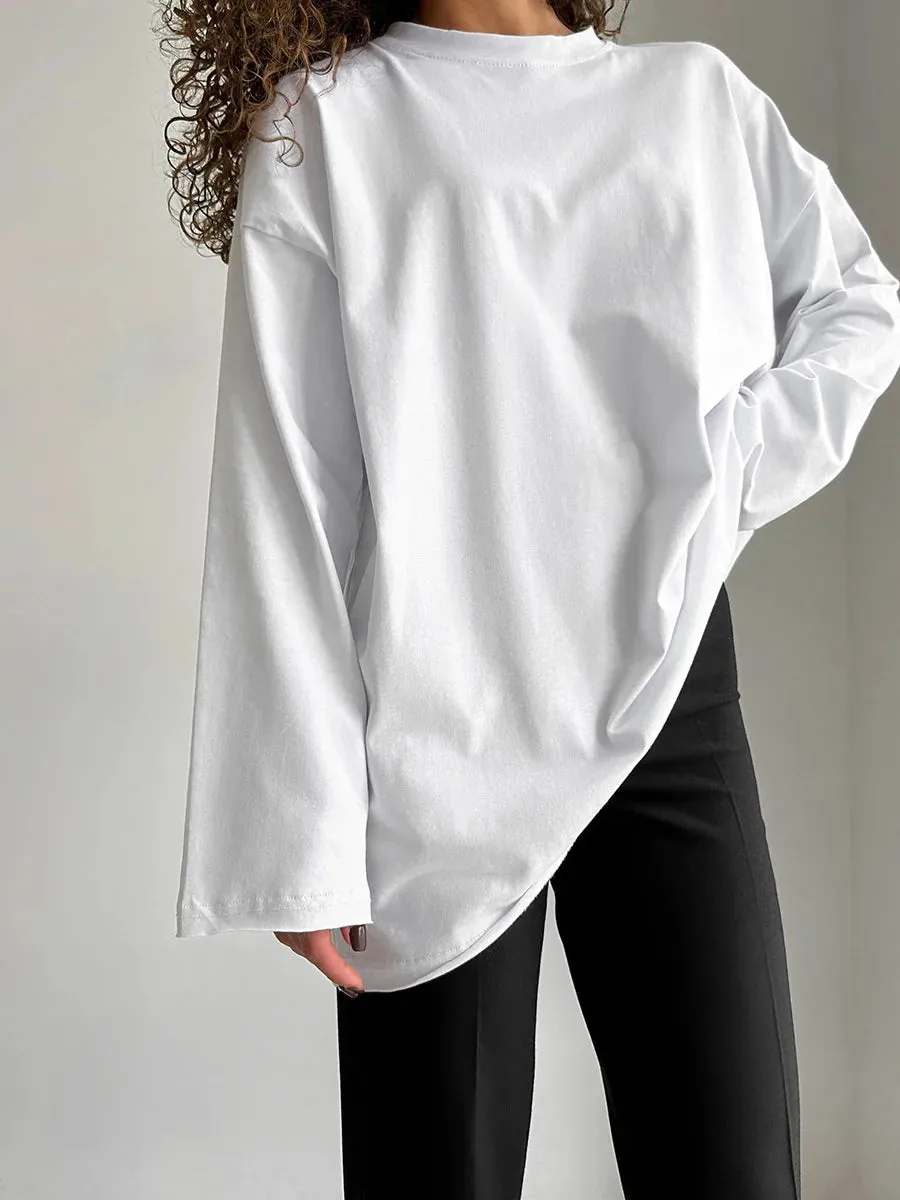 Girlary Classic Cotton T-shirt 2024 Spring New Women's Loose Casual Versatile Solid Color OverSize O-Neck Long Sleeved Bottom T-shirt