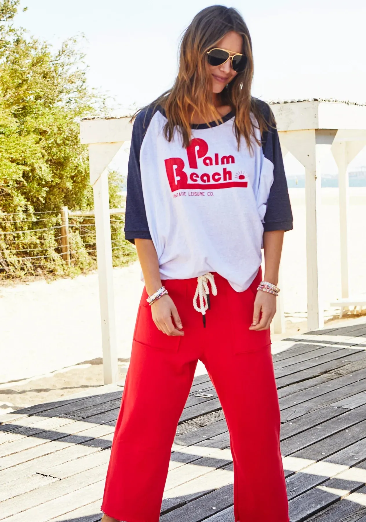 HAMMILL & CO Womens Retro Style Palm Beach Tee - White Navy