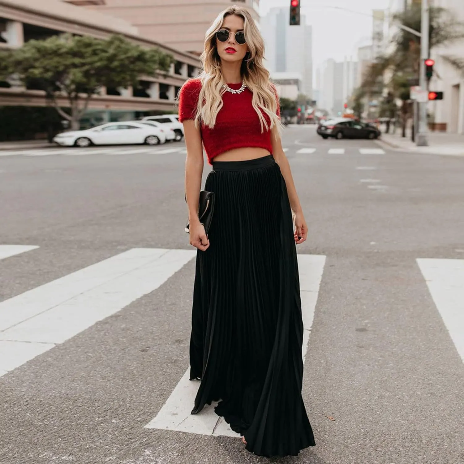 HGps8w Women's Flowy Pleated Maxi Skirt 2025 Summer Vintage Elegant High Waisted Plain Long Skirts