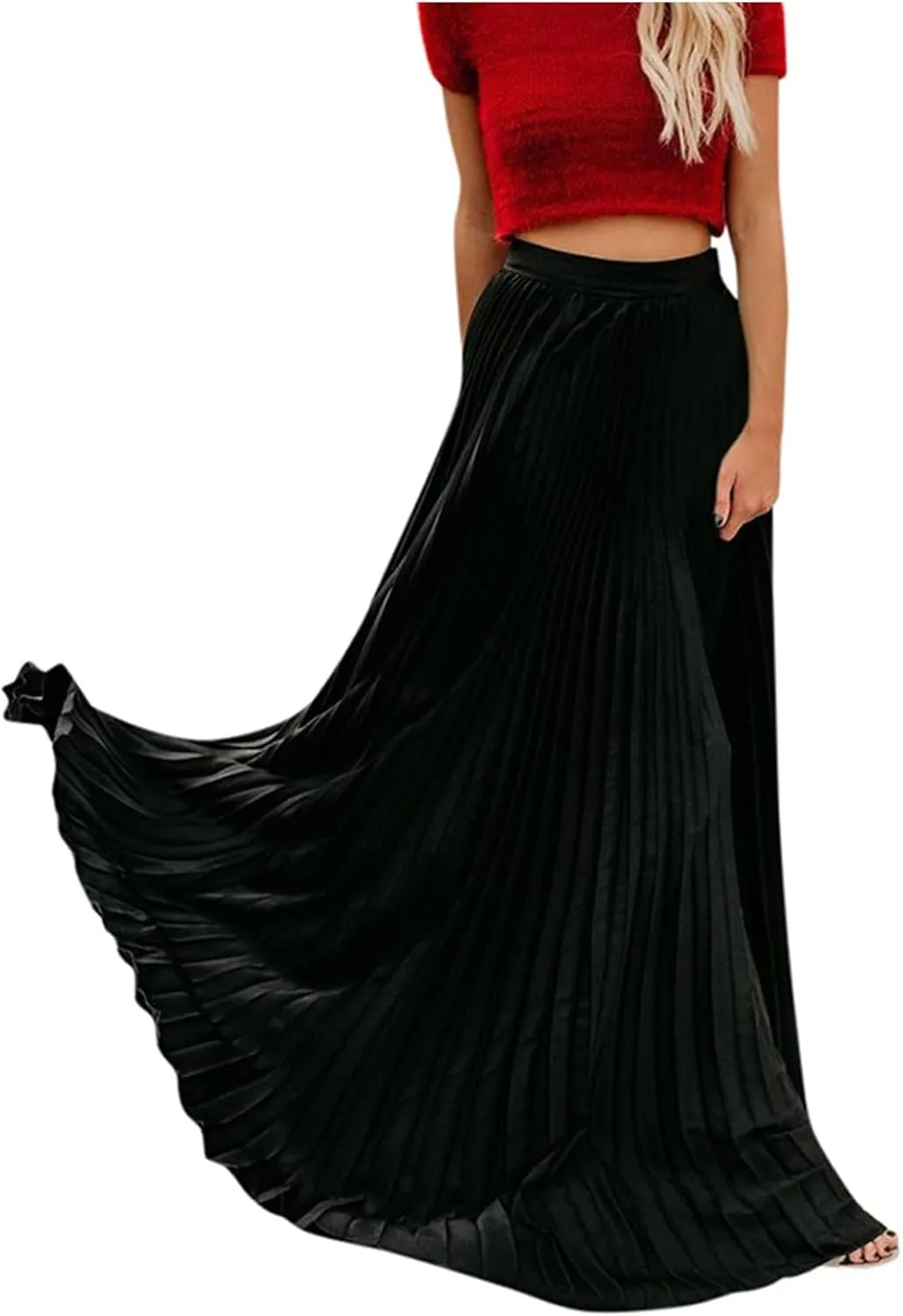 HGps8w Women's Flowy Pleated Maxi Skirt 2025 Summer Vintage Elegant High Waisted Plain Long Skirts