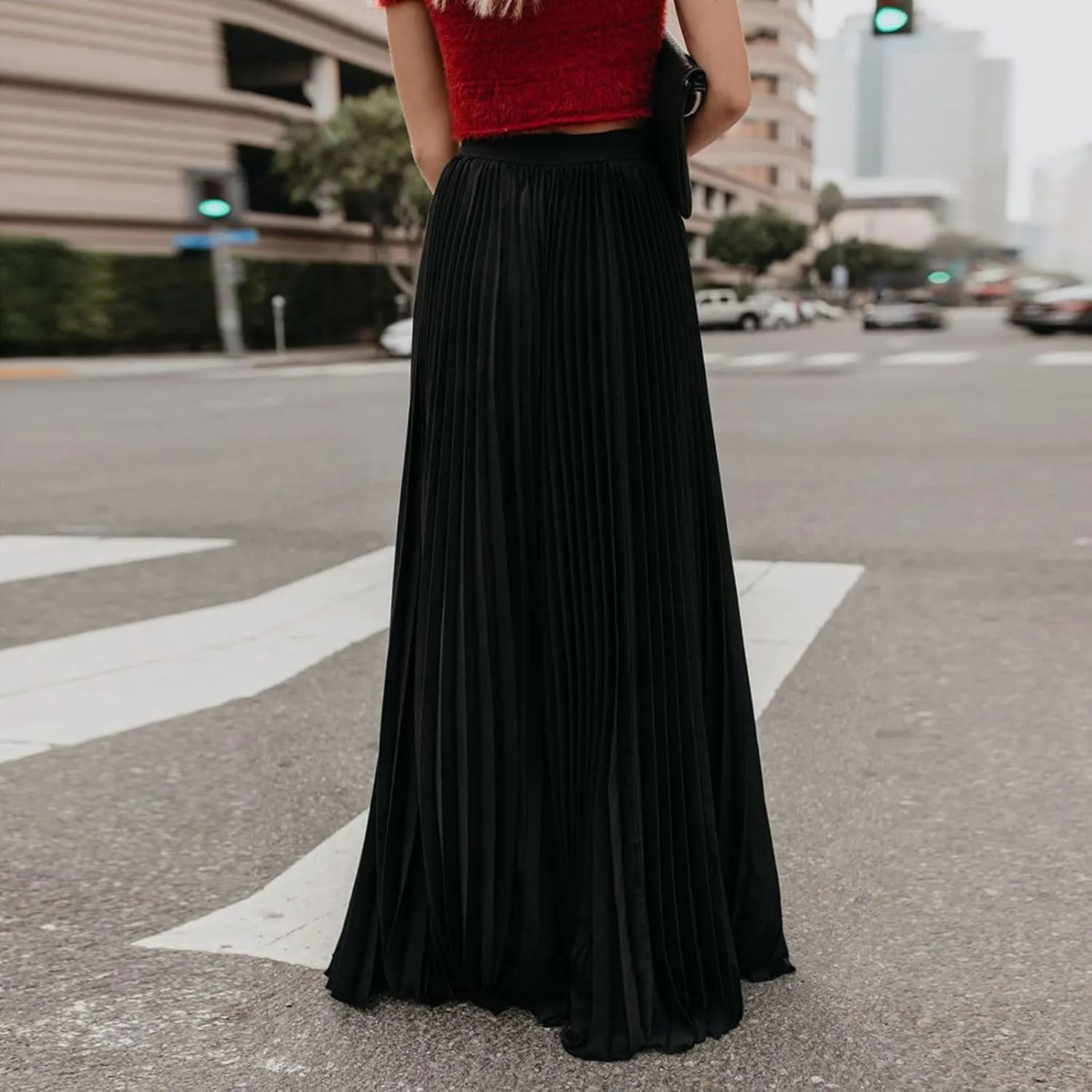 HGps8w Women's Flowy Pleated Maxi Skirt 2025 Summer Vintage Elegant High Waisted Plain Long Skirts