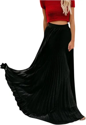 HGps8w Women's Flowy Pleated Maxi Skirt 2025 Summer Vintage Elegant High Waisted Plain Long Skirts