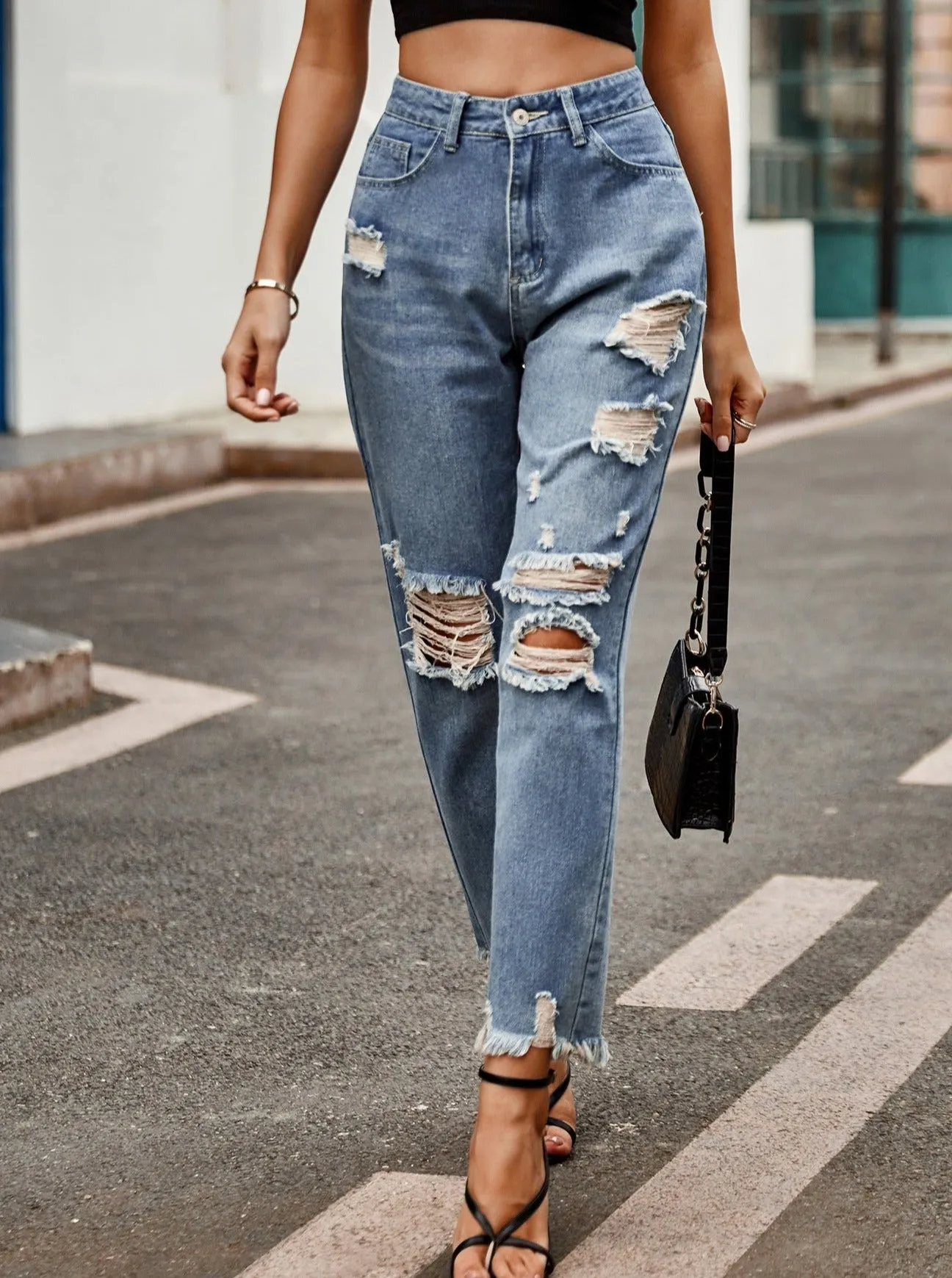 High Waist Buttoned Ripped Straight-Leg Denim Jeans