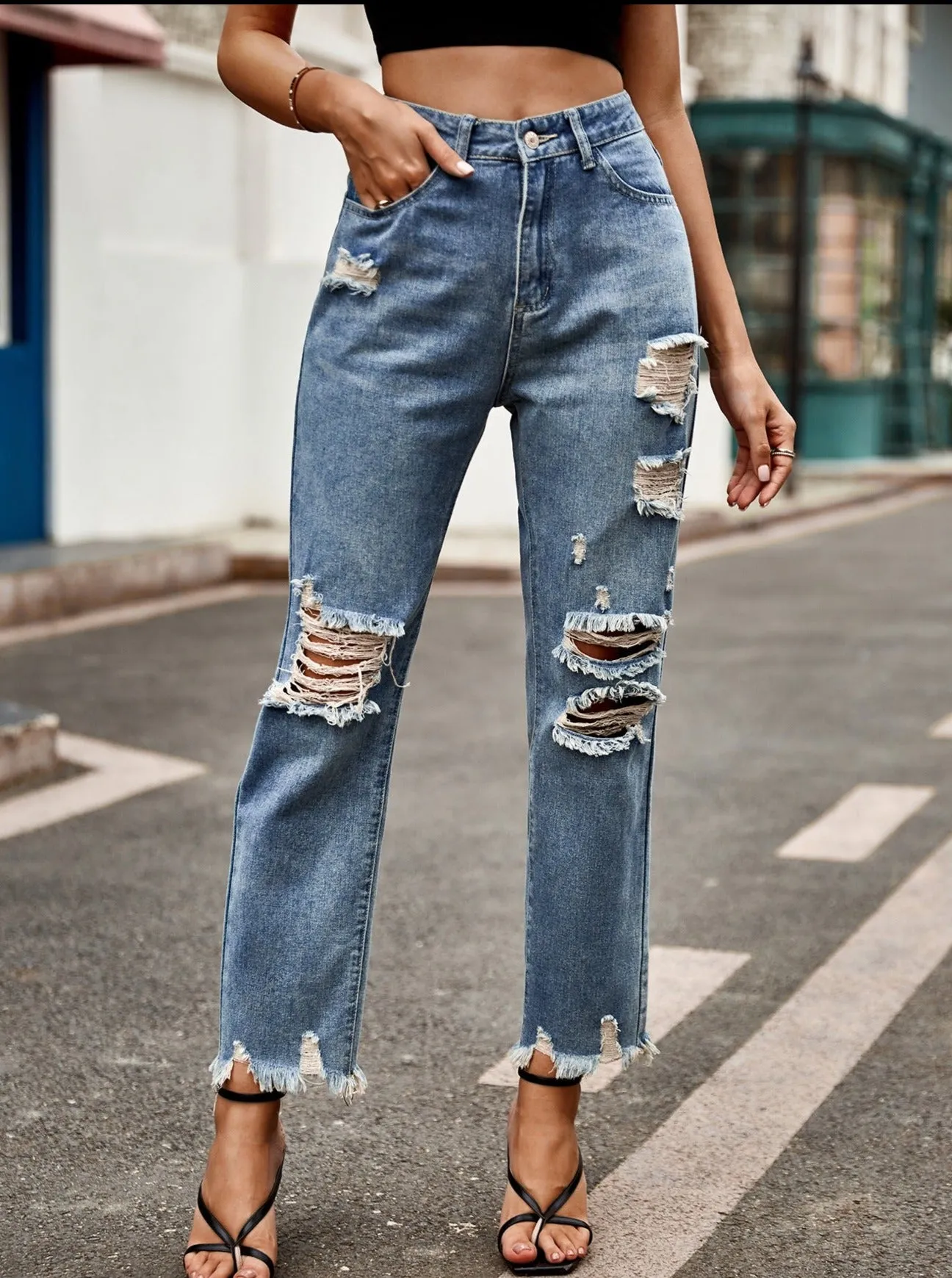 High Waist Buttoned Ripped Straight-Leg Denim Jeans