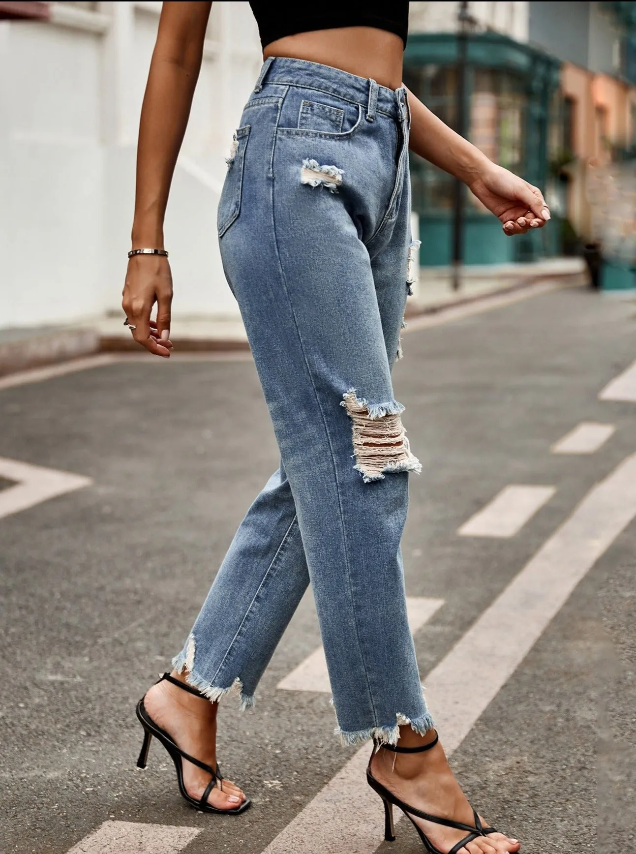 High Waist Buttoned Ripped Straight-Leg Denim Jeans