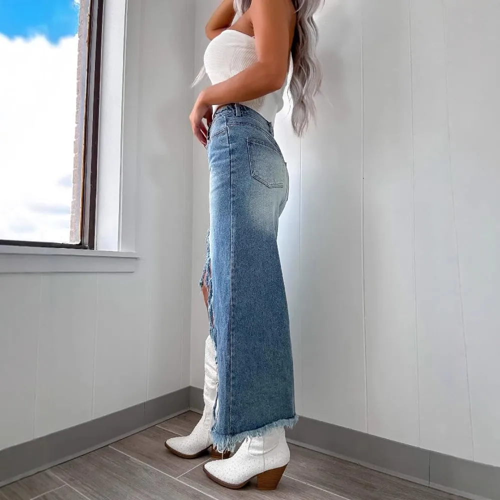 High Waisted Irregular Fringed Denim Skirt for Women, Worn and Washed Half Length Skirt