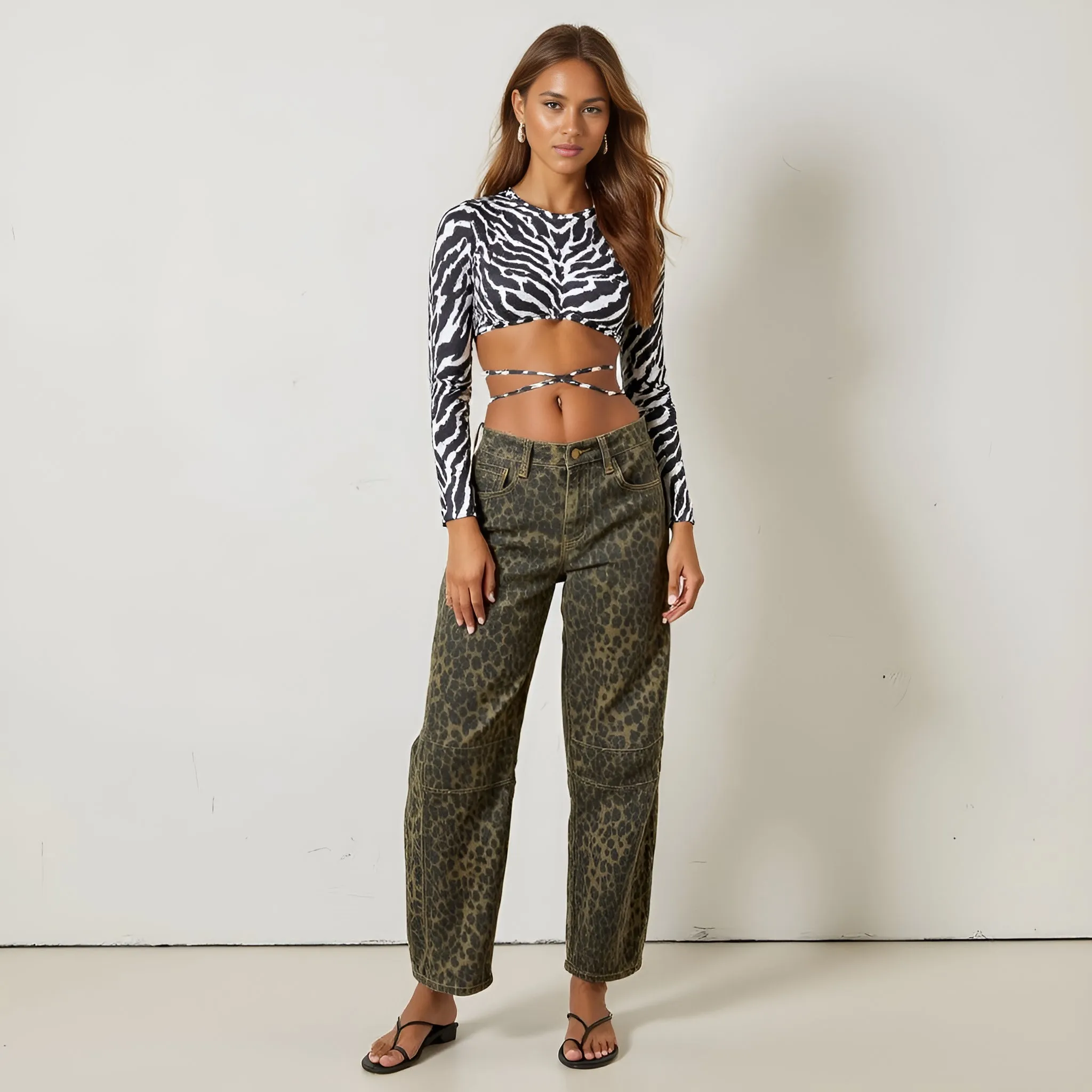 High Waisted Leopard Print Wide Leg Denim Pants with Contrast Stitching and Bold Street Style