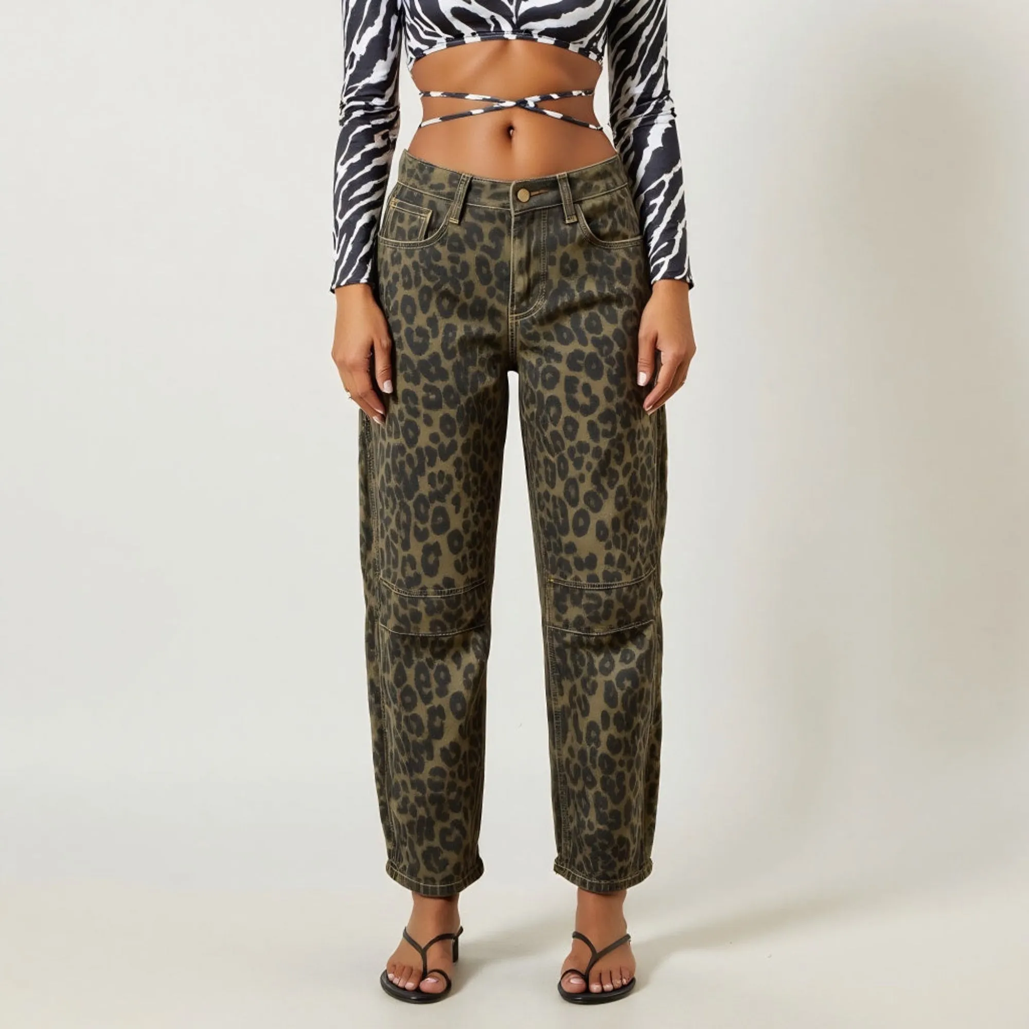 High Waisted Leopard Print Wide Leg Denim Pants with Contrast Stitching and Bold Street Style