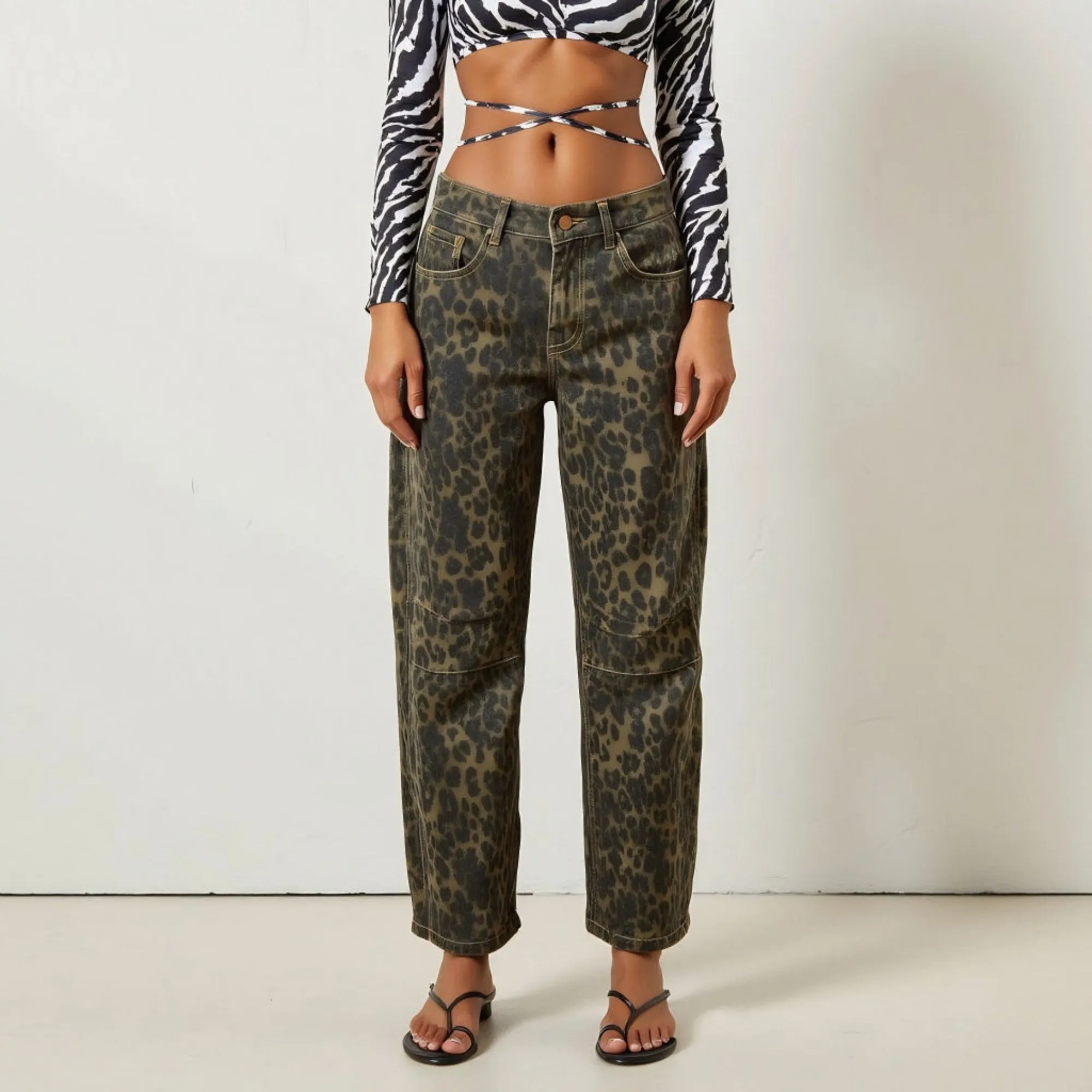 High Waisted Leopard Print Wide Leg Denim Pants with Contrast Stitching and Bold Street Style