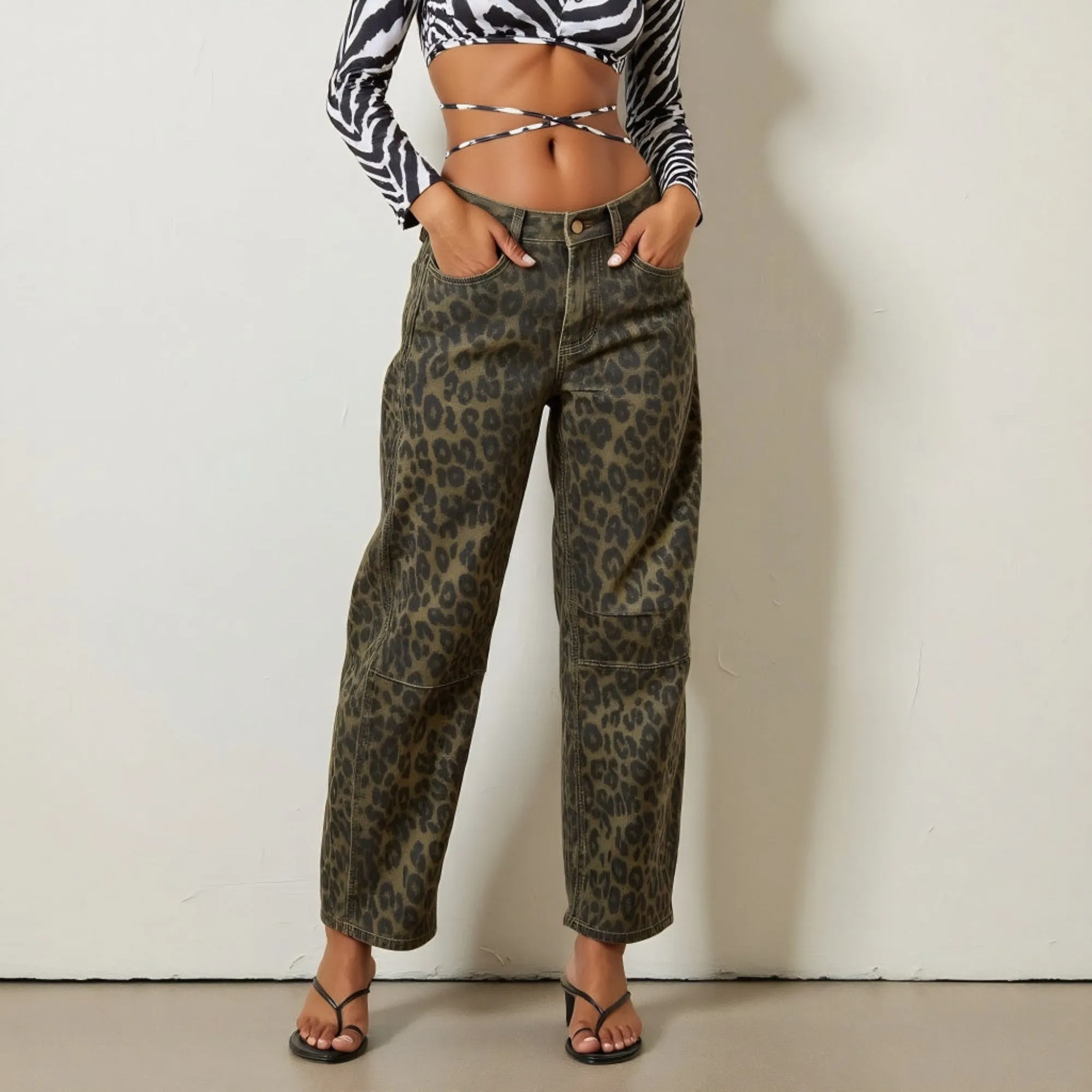 High Waisted Leopard Print Wide Leg Denim Pants with Contrast Stitching and Bold Street Style